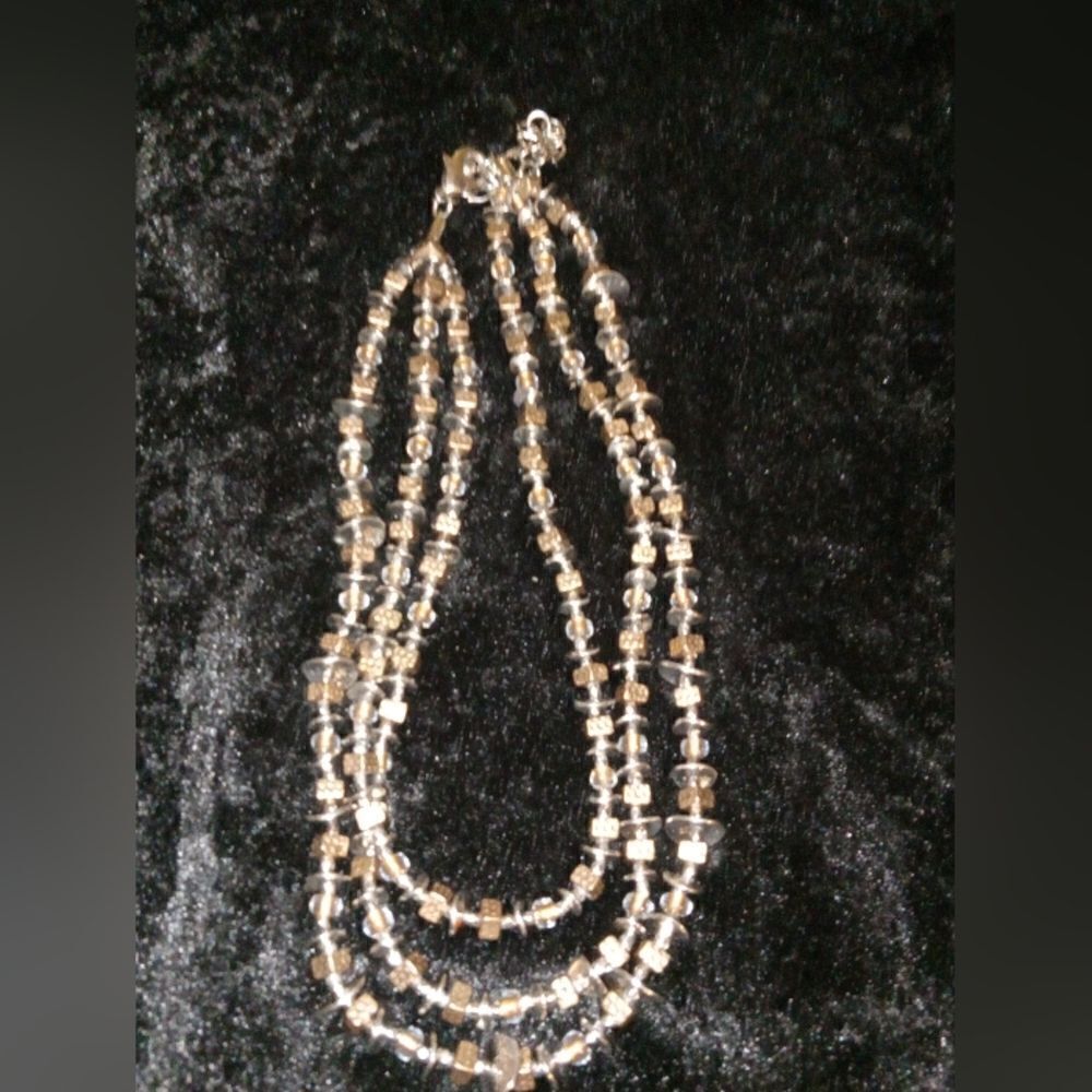 Chico's Vintage Gold and Silver Tone 3 Strand Beaded Necklace with Lobster Claw